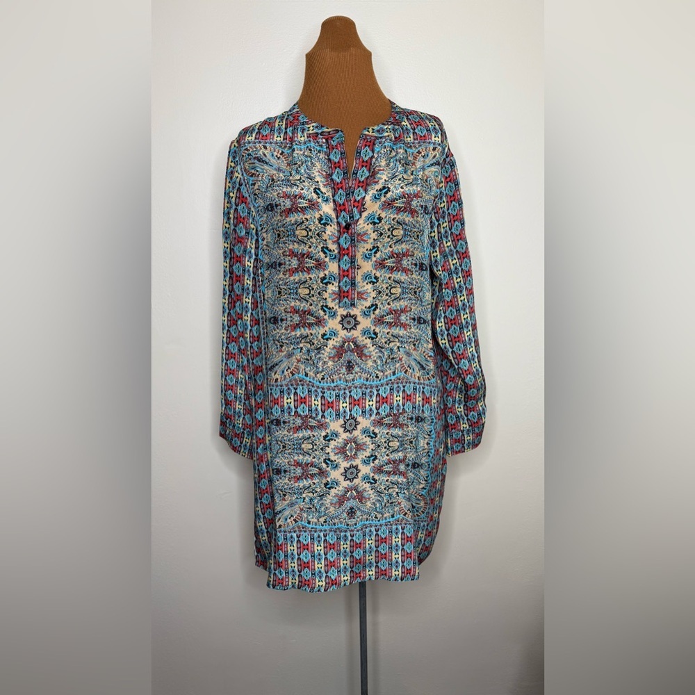 Tolani Lorraine Silk Long Sleeve Blue and Red Patterned Midi Dress Size Medium - Picture 2 of 9